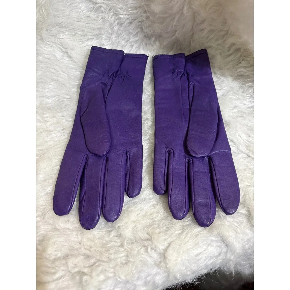 Womens Purple Leather Vintage  Gloves Soft‎ Fleece Lined Dress S